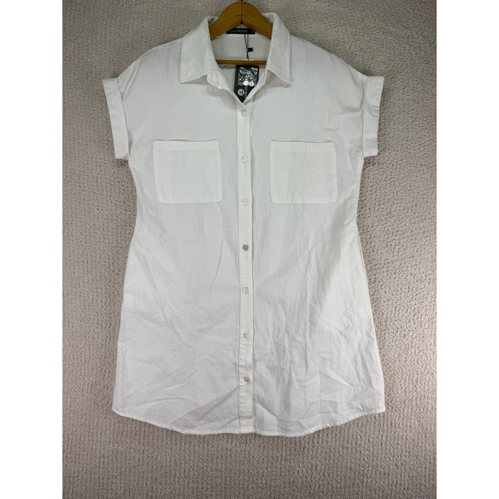Zilcremo NWT Shirt Dress White Cotton Blend Button Down Short Slv Pockets Size M